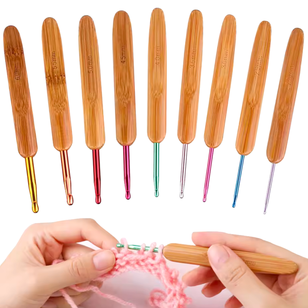 9 Piece Bamboo Crochet Hook Set